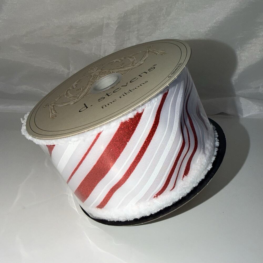 D. Stevens Red Glitter Stripe Ribbon White Faux Fur Edge #15-8155 10yds